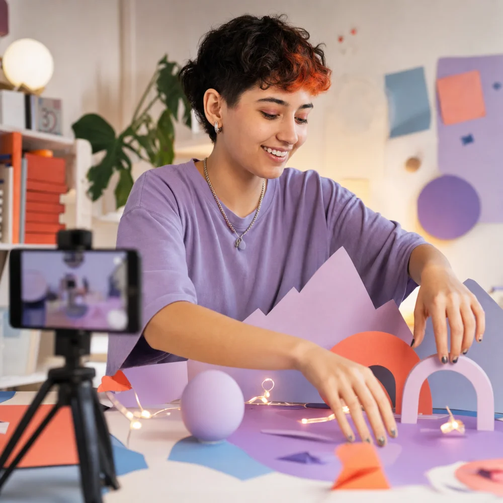 Creator building a colorful video set