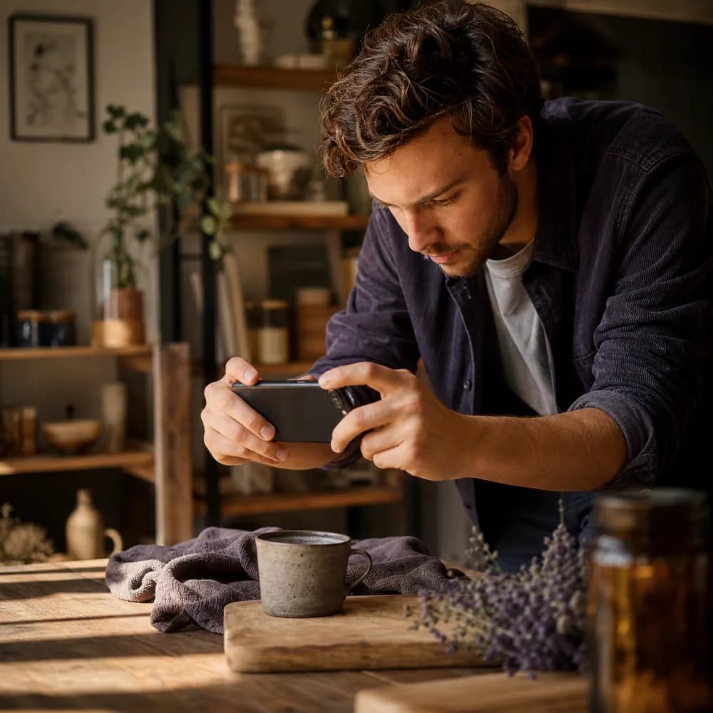 Creator carefully framing a product shot